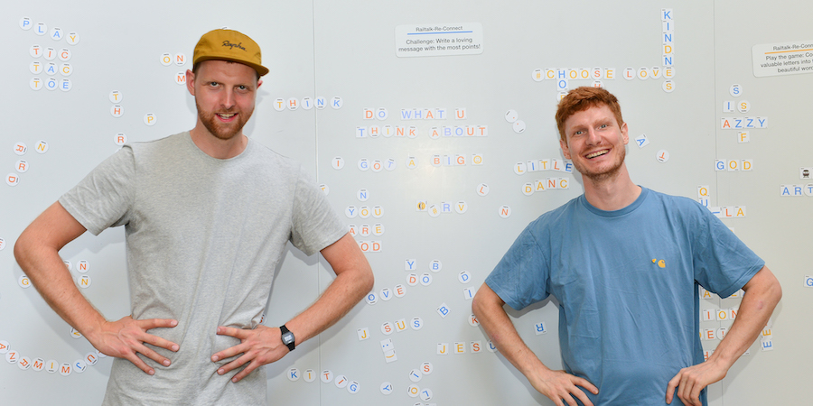 Artists Bouke Bruins and Wouter Corvers in front of their project.