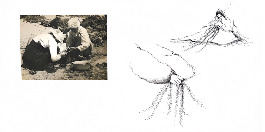 Work by Gyun Hur featuring historic family photo of women working beside a river and pen drawing.